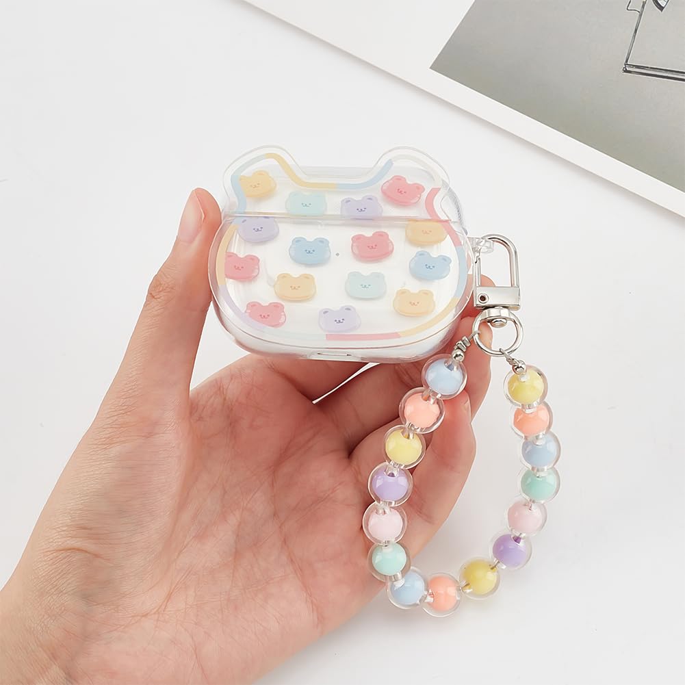 PLIGREAT Iridescent Bear Clear Cover Case for Airpods Pro Cute Cover with Round Bead Bracelet Keychain Fashion Colorful Pendant Protective Case for Airpods Pro - Image 2