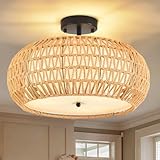 ZECOXOL Boho Flush Mount Ceiling Light Fixture 17.8',3 Light Rattan Chandelier Light Fixture Woven Wicker Ceiling Light Fixtures Flush Mount for Hallway Bedroom Kitchen Entryway Living Room Island