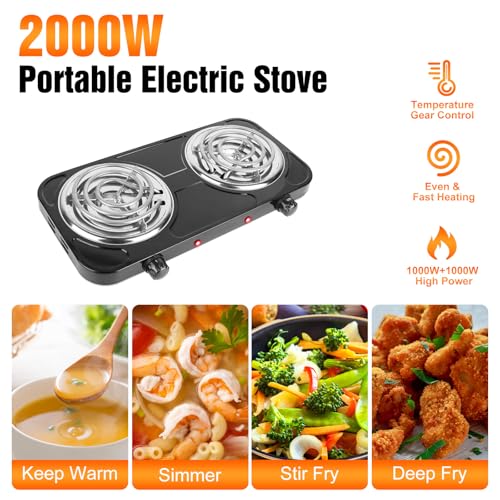 Image of 2000W Electric Double Burner Hot Plate, Portable Stove 6 inch Coil Heating