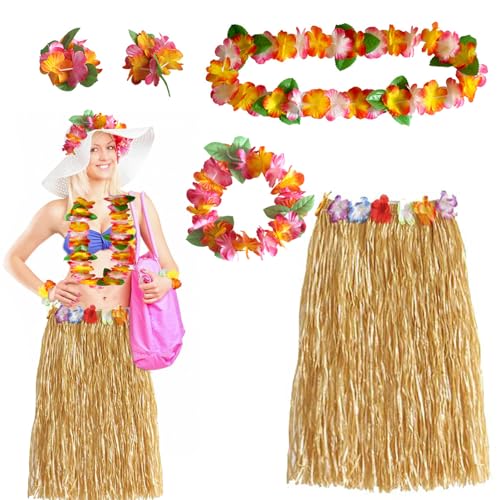 Norhogo 1 Set Jupe Hula en herbe hawaïenne avec Collier Leis de fleurs Bandeau, Costume de Luau...