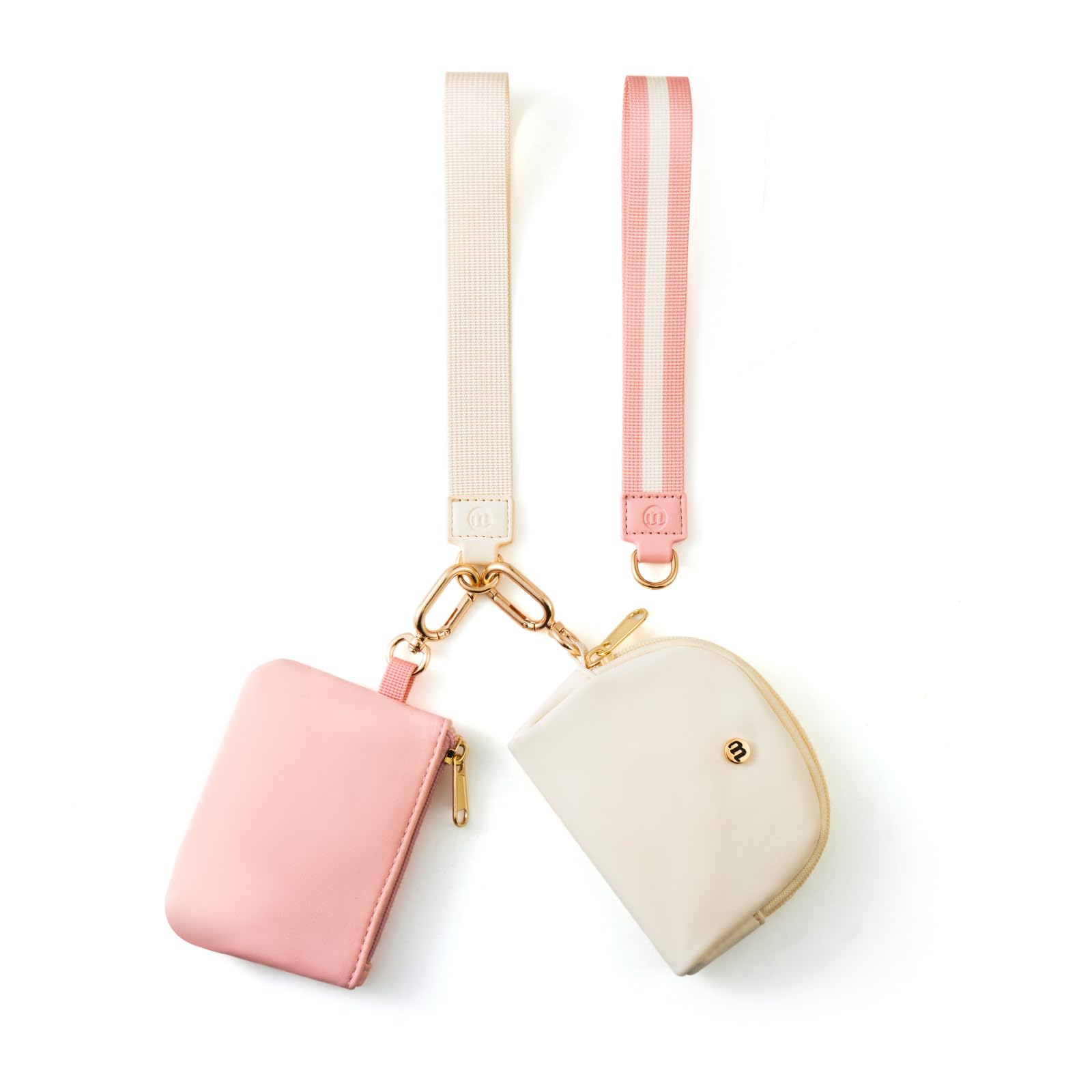 Wristlet Keychain Wallet for Women, Mini Dual Pouch with Coin Pouch – Zip Around wristlet Keychain Wallet with 2 Wristlets, Ideal for Dog Walking, Coffee Runs &amp; Lunch Break Essentials(Beige+Pink G)