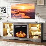 PRETZI Fireplace TV Stand with 18' Fireplace Up to 65' TVs, 58' Entertainment Center with LED Lights, TV Media Console with Adjustable Glass Shelves and Storage Cabinets for Living Room, Grey