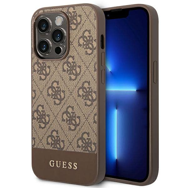 Coque Guess GUHCP14LG4GLBR pour iPhone 14 Pro 6, coque rigide marron de 1 po, collection 4G Stripe