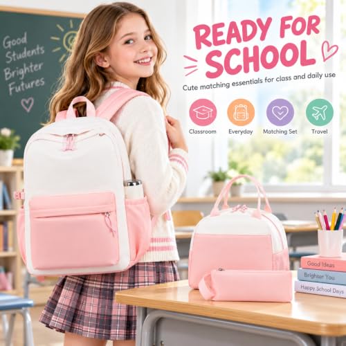 Image of LOIDOU Kids Backpack for Teen Girls Bookbags School Backpack with Lunch Box and Pencil Case 3 in 1 School Bags Set (Pink White)