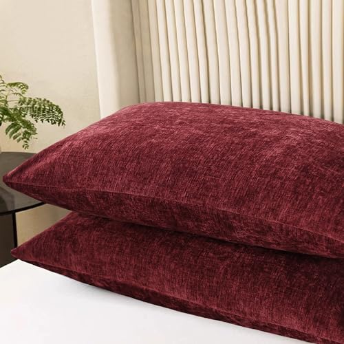 Image of CaliTime Pack of 2 Cozy Standard Pillow Shams Cases for Bed Bedding Decoration Solid Dyed Soft Chenille 20 X 26 Inches Burgundy