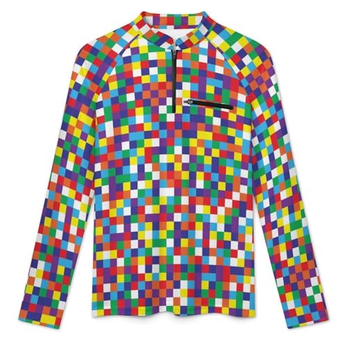 Mens Long Sleeve Mesh Fishing Shirts Rainbow Color of Checkerboard Rash Guard Fishing Tshirt Sun Protection Tee3