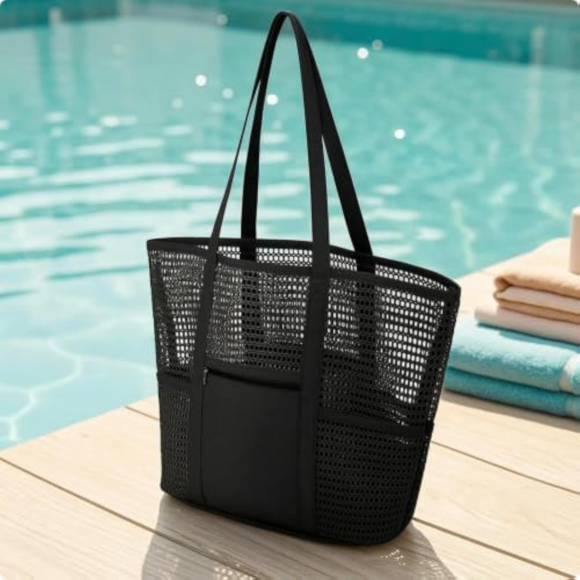Breathable Mesh Beach Tote Bag with Zip Pocket