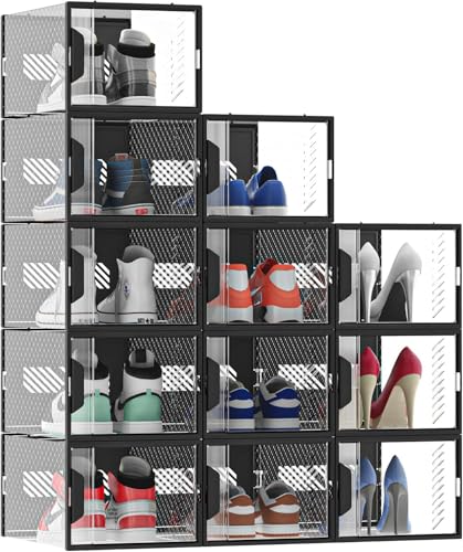 MYHMCT 12 pcs Cajas de zapatos plástico, Cajas de Almacenamiento de Zapatos de Plástico Transparente Apilables, Caja de Zapatos con tapa hasta Talla 45