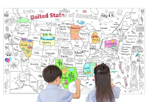 Licidecopai 54x33 Inch US Themed Giant Coloring Poster for Kids United States Large Coloring Tablecloth Jumbo US Map Coloring Tablecover for Children Playing on Birthday Party Home Party