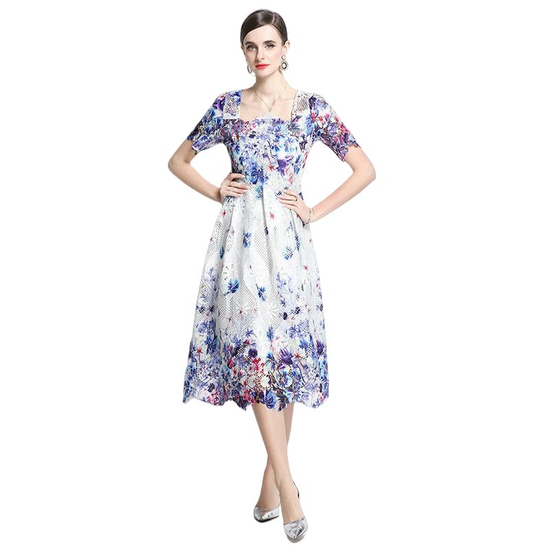 Robe d'été imprimée avec dentelle et manches bouffantes chic de fête