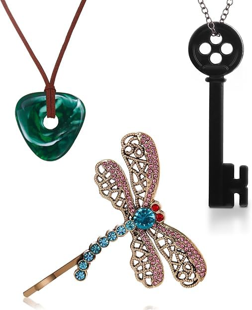 3 piezas de accesorios Coraline, collares Coraline, collares de llave, clip de pelo de libélula para mujeres y hombres, joyería Coraline para disfraz de Halloween, cosplay, accesorios de película