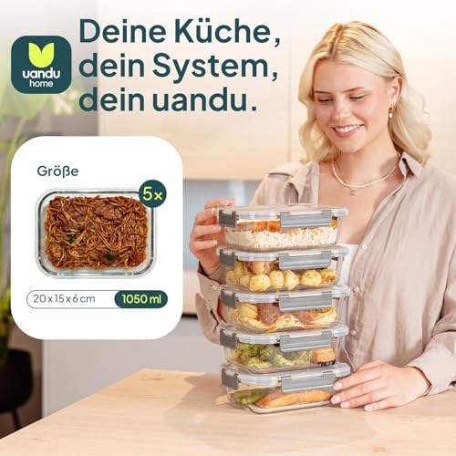uandu Glasbehälter mit Deckel, 10- teilig, Borosilikatglas mit Deckel, Meal prep Gläser, Frischhaltedosen Glas mit Deckel, Glasdosen mit Deckel Set, Meal prep Boxen Glas (5 Behälter, 5 Deckel) 2