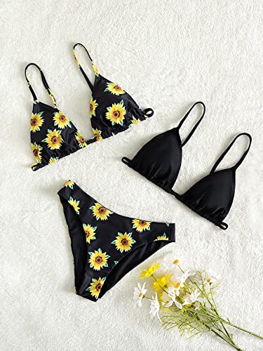 Verdusa Girl's 3 Piece Bathing Suit Floral Print Bikini Sets Swimwear Bra And Panty Black 150 #TOP5
