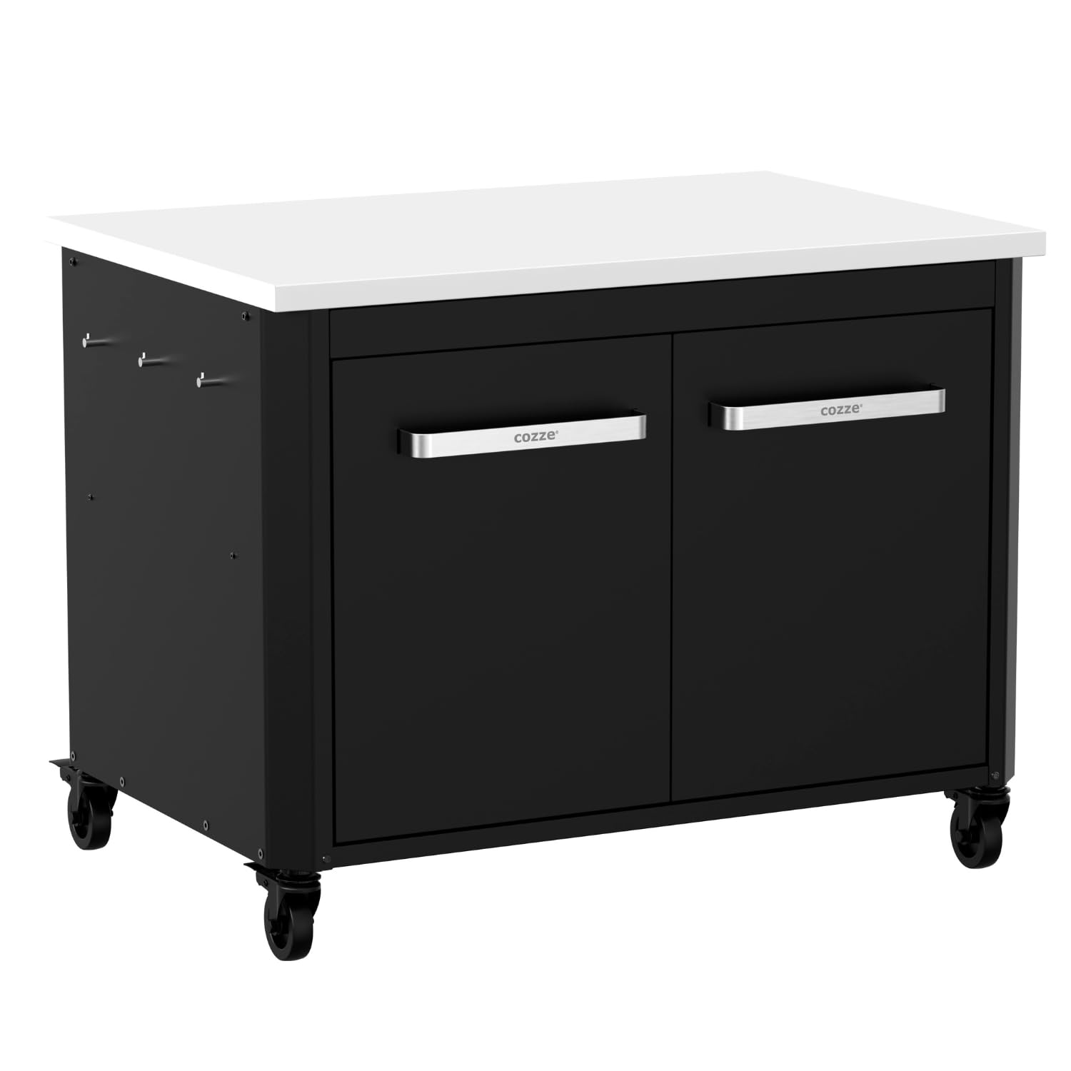 Cozze® | Cucina da esterno bassa H70 cm con piano in acciaio inox | Altezza ideale per plancha | 2 ante | 2 ripiani fissi | 6 ganci | 4 ruote Ø75 mm | Struttura in acciaio verniciato | Max 100 kg