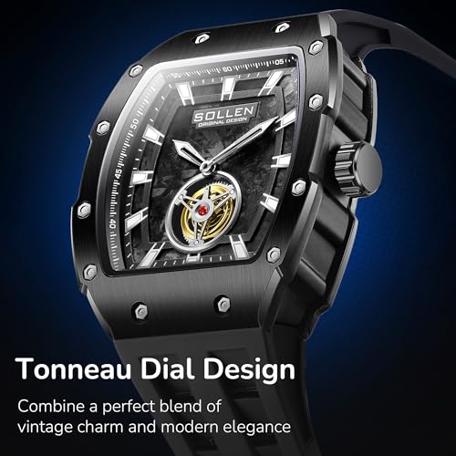 Image of Men's Tonneau Watches, Black Stylish Cool Minimalist Quartz Analog Watch | Tonneau Shape, Luminous Hands & Markers, Silicone Band, 30M Water Resistant, 42.5x50.5mm Precision Alloy Case, Ideal Gift