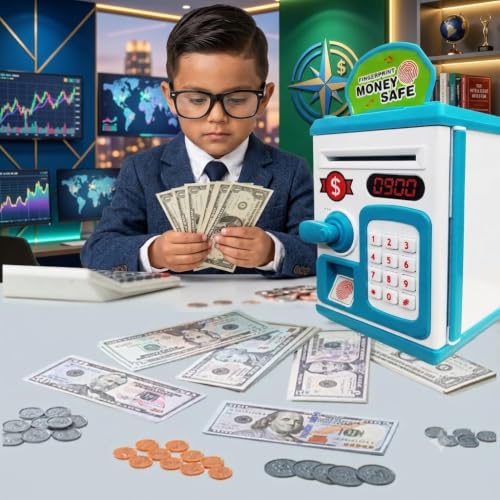 Image of Umadiya Electronic Fingerprint Money Safe Piggy Bank for Kids | Lock ATM Savings Bank with Auto Cash Roll-in, Coin Slot & Music | Educational Password Touch Finger Sensor Savings Bank Toy for Gift