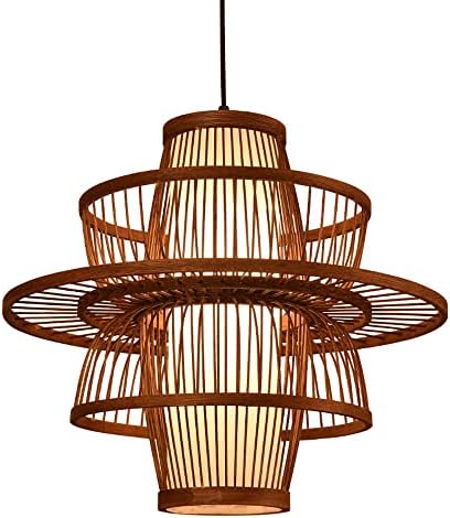 ECOJEN Living Room Box Bamboo Wicker Lampshade, Retro Bamboo Art Restaurant Pendant Light, Tea House Zen Antique Handmade Chandelier Fixture, for E27 Bedroom, Living Room, Dining Room