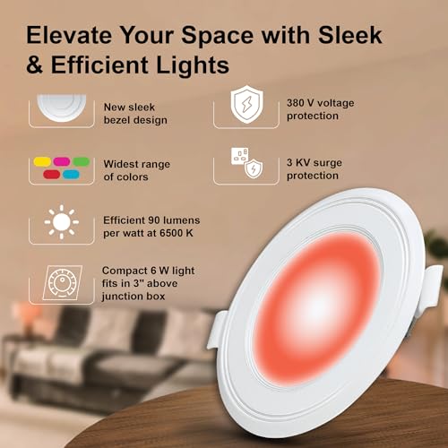Image of Havells Luna 6W Downlight for Junction Box Round | Colour - Red |3 inch Cutout, 22mm Height | High Voltage Protection Upto 4KV | Pack of 2