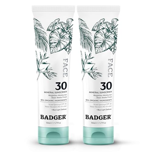 Badger Zinc Oxide Face Sunscreen SPF 30, Lightweight Mineral Sunscreen for Face, Matte Finish, No White Cast, Vegan, Water Resistant, Unscented, Mineral Sunblock Facial Lotion, 1.7 fl oz, 2-Pack