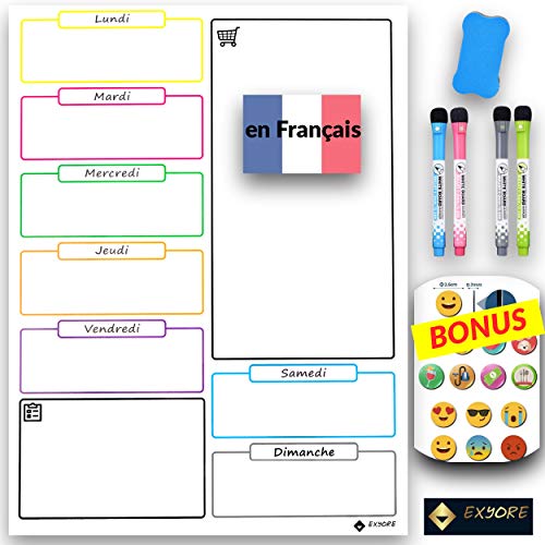 Tableau Blanc Magnétique Semainier Ardoise Effaçable pour Frigo Cuisine, Marqueurs et Magnets Aimantés, idéal pour Planification des Tâches, Menus et Liste de Courses, Organiseur Enfants, en Français