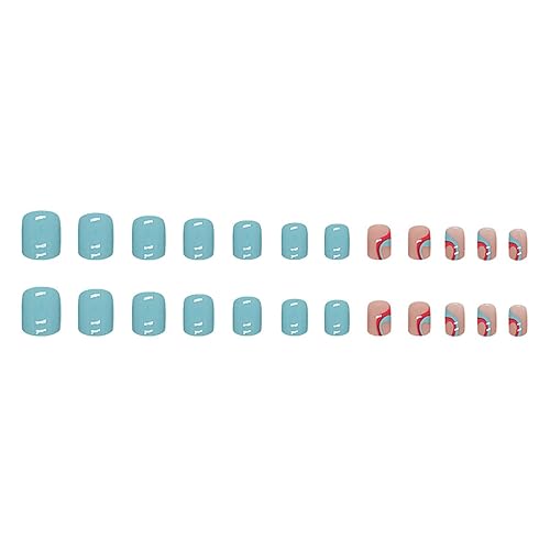 Miniatura 4 de Uñas postizas extra cortas cuadradas SWEKKE Summer de cobertura completa, color azul y rosa, con diseños brillantes, uñas acrílicas lindas para