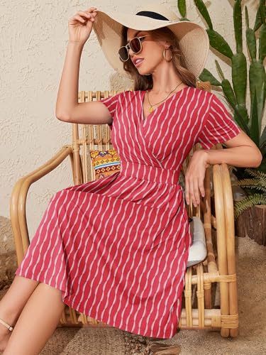 Image of Heymoments Womens Summer Short Sleeve Casual Dresses V-Neck Beach Dress with Pockets S-2XL