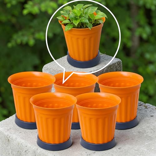 Image of TechHark Orange Plastic Plant Pots with Saucer, Ribbed Style, for Indoor and Outdoor Use, Set of 5