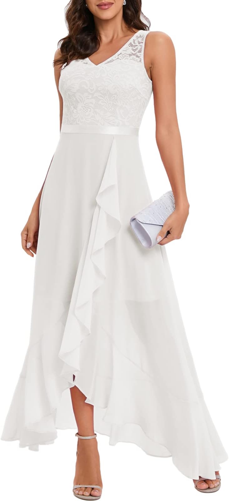 MeetjenWedding Guest Dress for Women Long Lace Chiffon Dress Ruffle Asymmetrical Hem A-line Formal Bridesmaid Dress