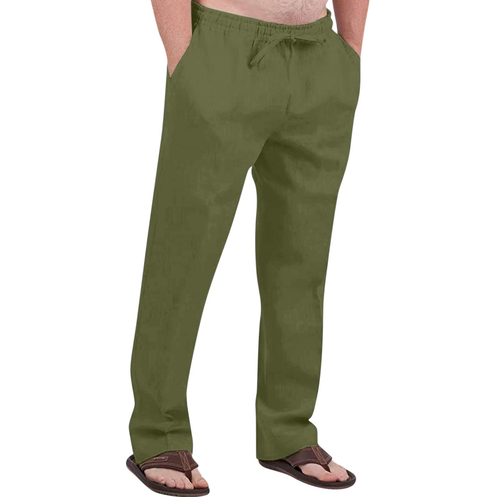 Mens Cotton Linen Pants Elastic Waist Drawstring Pants Lightweight Casual Pants Summer Beach Pants with Pockets