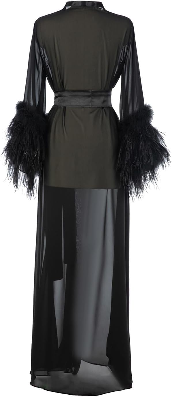 Women's Feather Fur Bridal Sheer Robe Chiffon Lingerie Nightgown Bathrobe Sleepwear Wedding Scarf Illusion