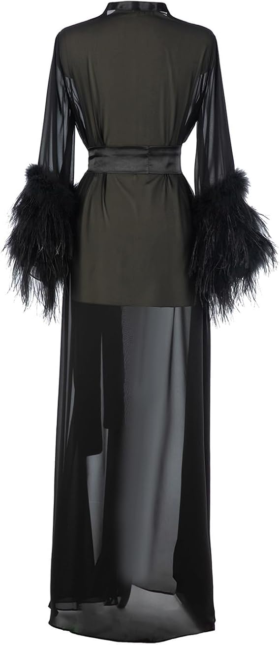 Women's Feather Fur Bridal Sheer Robe Chiffon Lingerie Nightgown Bathrobe Sleepwear Wedding Scarf Illusion
