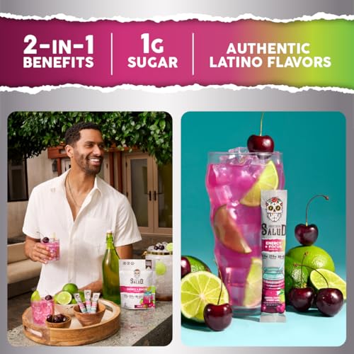 Image of Salud 2-in-1 Energy Drink Powder + Focus, Cherry Lime, Organic Caffeine, B6 + B12, Theanine, Clean Energy Drink Packets, Agua Fresca Mix, Non-GMO, Gluten Free, Vegan, 1g of Sugar, (15 Servings)