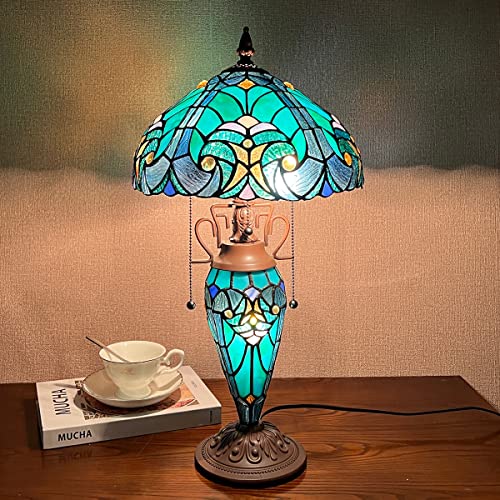 Cotoss Tiffany Table Lamp With Nightlight Sea Green 3 Lights Stained Glass Desk Lamp For Reading Antique Nightstand Table Light For Living Room Bedroom Entryway #TOP7
