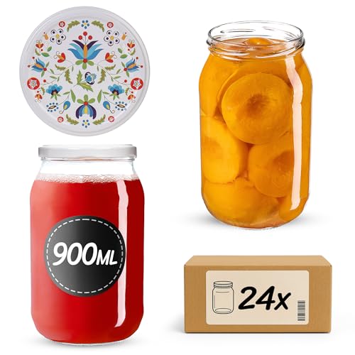 KADAX Tarros de conservas de 900 ml con tapa de rosca fi82 mm, tarros grandes con tapa Twist Off, tarros para conservas de pepinos, tarros para conservas (flores, 24 unidades)