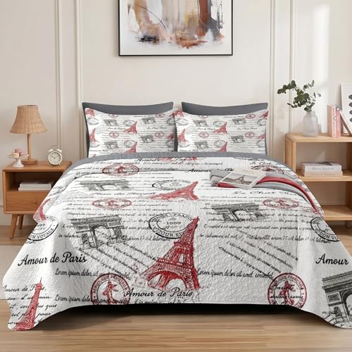 Pamnest Quilt Set Full/Queen Size Paris Vintage Eiffel Tower 3 Pcs Soft Bed Cover Bedding Set for Kids and Adults France Old Iron Lightweight Bedspread Coverlet with Pillow Sham for All Season