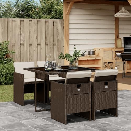JHQHSM Salon de jardin 5 pièces avec coussins marron en polyrotin, chaises pliantes en forme de cube peu encombrant, housses amovibles et plateau de table en...
