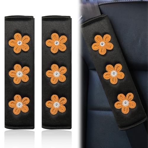 Image of 4PCS Daisy Flower Car Seat Belt Cover Pads, Protect Neck, Orange | Soft Breathable Auto Seat Shoulder Strap Pad, Comfortable Seatbelt Cushion, Vehicle Interior Decoration for Cars, Trucks