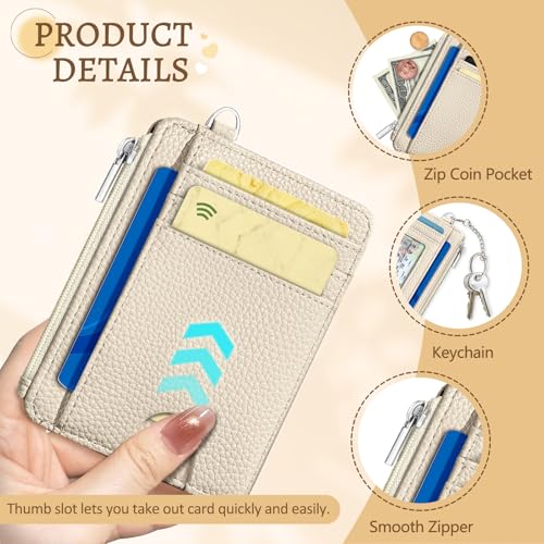 Image of Kelvoris Beige Credit Card Holder Small Wallet Women, Minimalist Slim RFID Blocking Wallet Woman Keychain with Zipper Coin Pocket, Front Pocket Thin Travel Card Case Organizer ID Window Ladies Gifts