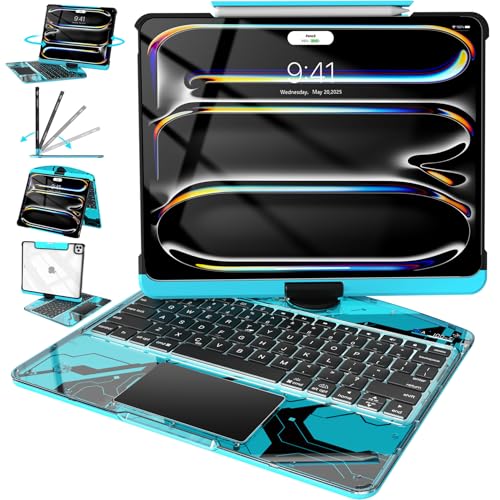 Image of Intermerge Transparent Keyboard Case for iPad Pro 13 inch(M5,2025 / M4,2024), 360 Swivel Multi-Touch Trackpad, 7-Color RGB Backlit, Pencil Holder, Type-C, Power Indicator, Aqua Pulse