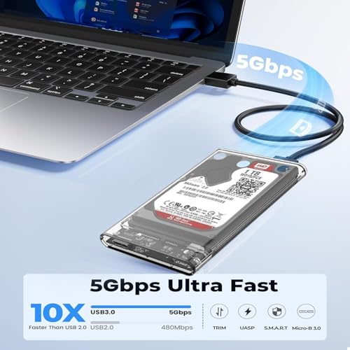 Image of BigPlayer 2.5-Inch SSD SATA Case (Transparent) - External Hard Drive Enclosure for SSD /HDD, Tool-Free Design, USB 3.0 High-Speed Data Transfer, Durable, Compatible with Windows /Mac