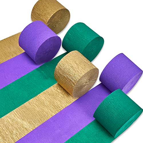 Image of PartyWoo Mardi Gras Crepe Paper Streamers 6 Rolls 492 ft Pack of Metallic Gold Purple and Green Crepe Paper for Mardi Gras Halloween Birthday Party Decorations (1.8 Inch x 82 Ft /Roll)