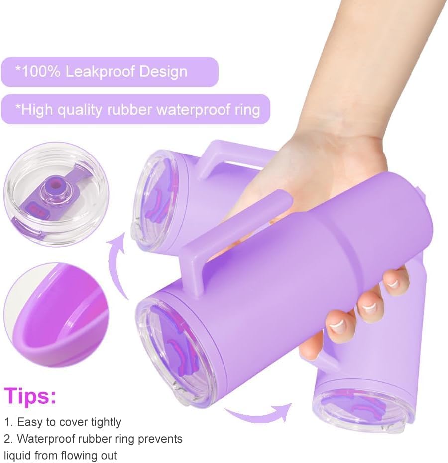 40oz Reusable Plastic Insulated Tumblers with Handle and Straw, Double Wall Tumbler with Lid, Cup Holder Friendly Travel Mug for cold drinks, sand ice, Purple - Image 6