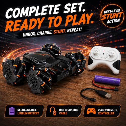 Image of Eli & Chi Remote Control Car for Kids, 4WD RC Stunt Drift Toy, 360 Rotation, Double Sided Driving, Rechargeable High Speed Racing with LED Lights, Birthday Gift for Boys Girls 5-12 Years, Multicolour