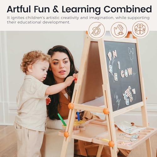 image for Tiny Land Easel for Kids, Double-Sided Magnetic Easel, Adjustable Wood