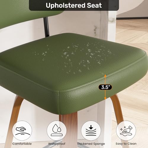 Image of Swivel Bar Stools Set of 5, 26 inch Upholstered Faux Leather Counter Height Barstools with Walnut Back & Bentwood Legs, Mid Century Modern Bar Chairs Island Stools for Kitchen Counter, Green