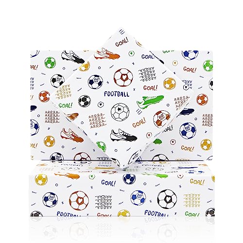 Lot de 4 feuilles de papier cadeau de football - 50 x 70 cm par feuille - Papier cadeau d'anniversaire pour garçons, enfants, hommes, amateurs de football,...