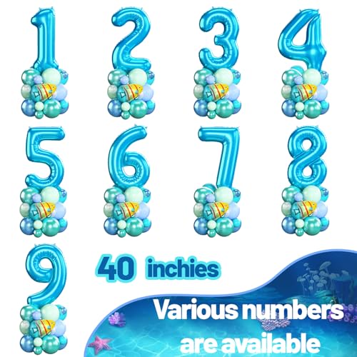 Image of Blue Number 1 Balloon 40 Inch Ocean Under the Sea Number One Foil Balloons Tower with Shark Bubble Fish for Boys First 1st Birthday Party Decor Green Underwater Digital Aluminum Balloons Stack