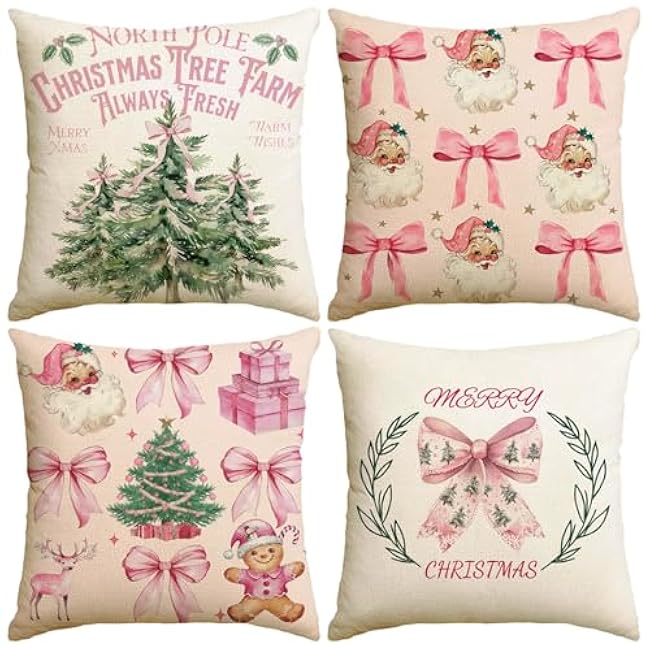 4 Pcs Coquette Christmas Pillow Covers Preppy Pink Bow Santa Xmas Tree Merry Christmas Decorative Pillowcase Girly Winter Holiday Home Decor for Sofa Couch Bedroom 18 x 18 Inch