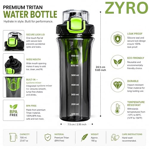 Image of Zyro Premium Tritan Water Bottle 700ml | BPA Free, Leakproof Flip Lock Lid, Wide Mouth Sports Bottle with Cyclone Mixer | Gym, Fitness, Office & Travel Water Bottle (Pack Of 1,BlackGreen)
