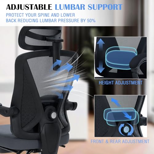 Image of Ergonomic Office Desk Chair with Foot Rest - Adjustable Lumbar Support & Headrest, 90-160 Reclining Mesh Back Computer Chair - Home Office /Gaming for Adults, 400lbs Capacity (Gray)